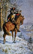 alexis de tocqueville a mounted bugler blowing a large bell instrument. USA oil painting artist